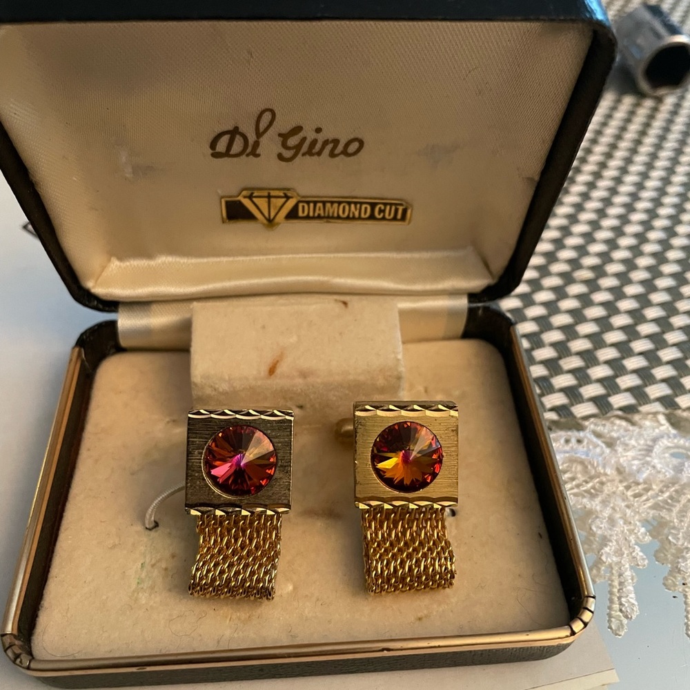Vintage Di Gino Rivoli Crystal Diamond Cut Mesh Cufflinks With Box